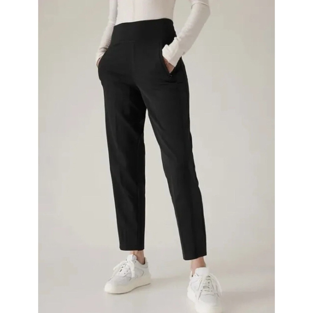 Athleta‎ Endless Pants Women's 6 Black Satin Side Stripe High Rise Ankle Pull On